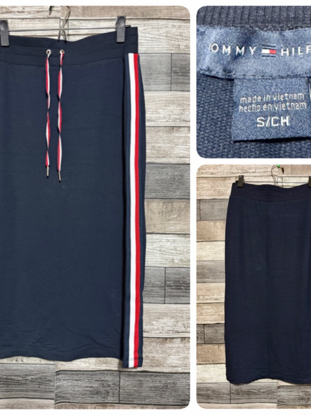 Tommy Hilfiger Side Stripe Skirt Women’s S Navy Blue Red Drawstring Midi